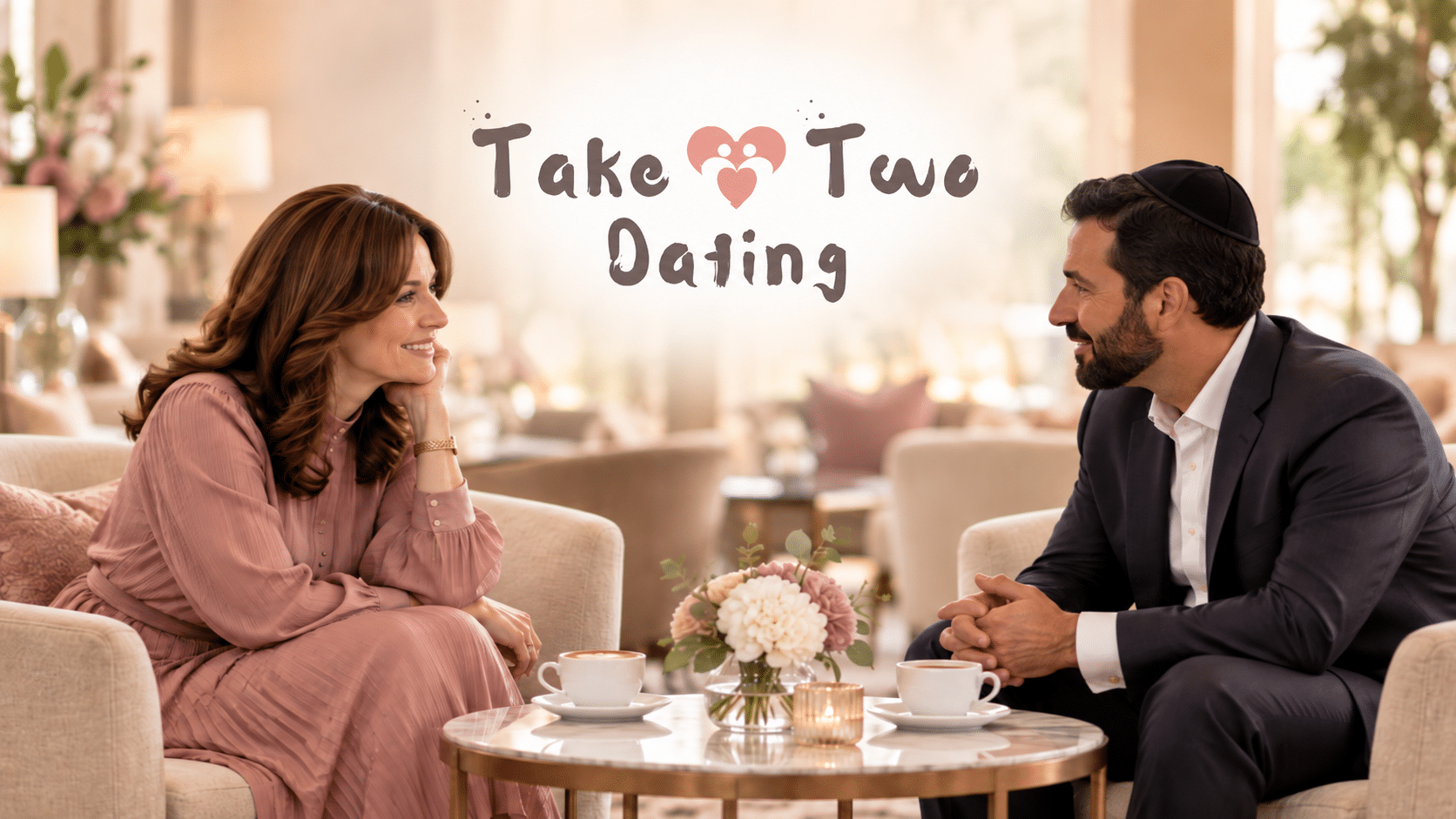 Mature frum man and woman having a conversation on a shidduch date in a hotel lounge